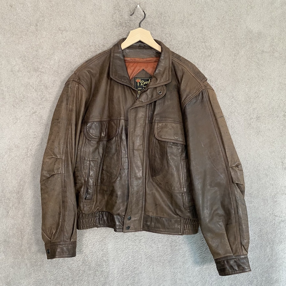 Vintage Reed Mens Leather Bomber Jacket R44 Distressed Aviator Zip Out Liner